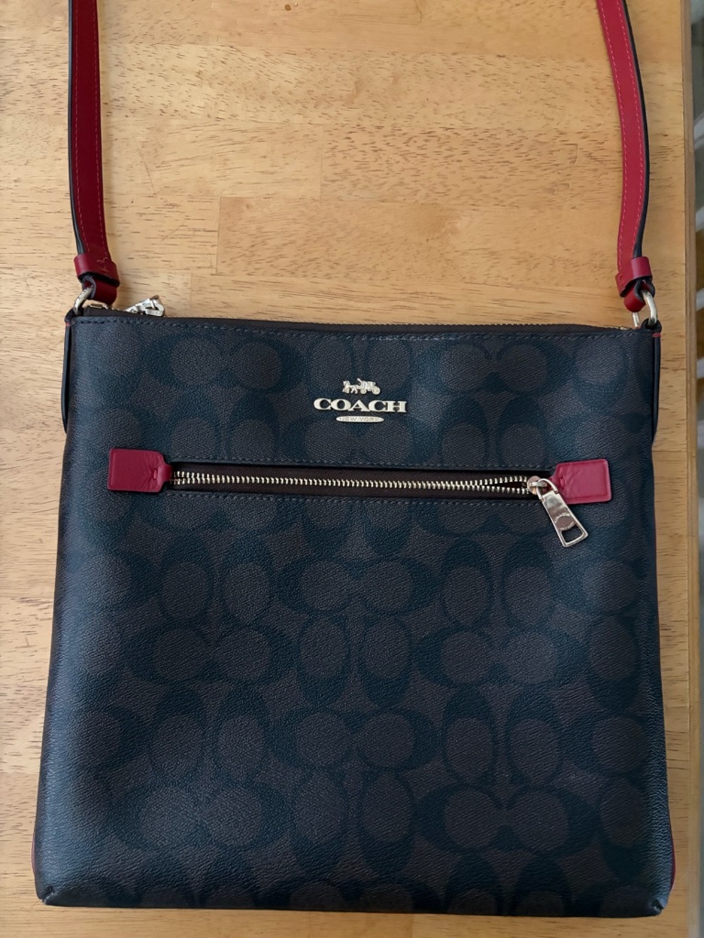 Coach Dark Brown Signature Crossbody with Red Trim